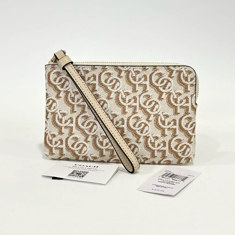 COACH CORNER ZIP WRISTLET WALLET WITH SIGNATURE MONOGRAM PRINT IN CHALK